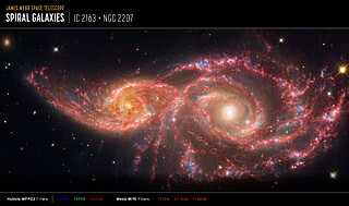 Galaxies IC 2163 and NGC 2207 (Webb and Hubble annotated)